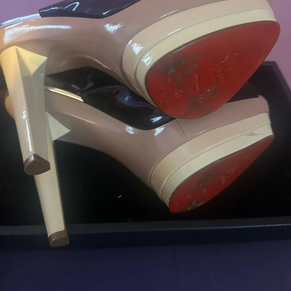 Christian Louboutin Black and Tan Peep Toe Slingback Heels - Picture 8 of 10